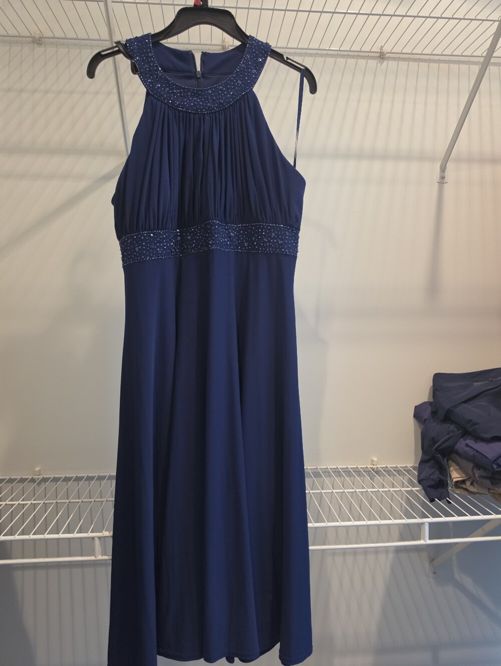 Women’s Navy Beaded Halter Evening Dress